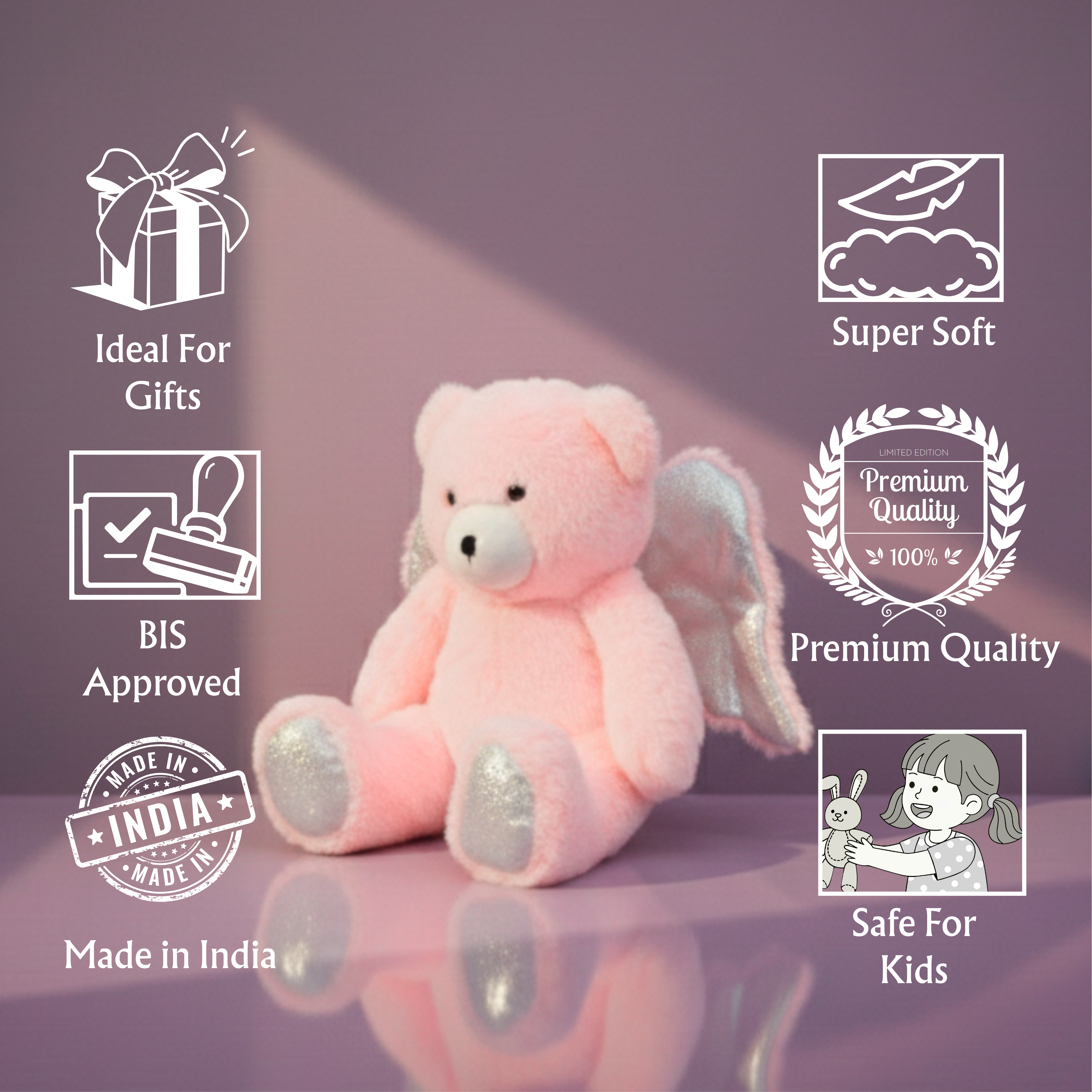 Pink winged teddy soft toy 28 cm shown for gifting and nursery decoration