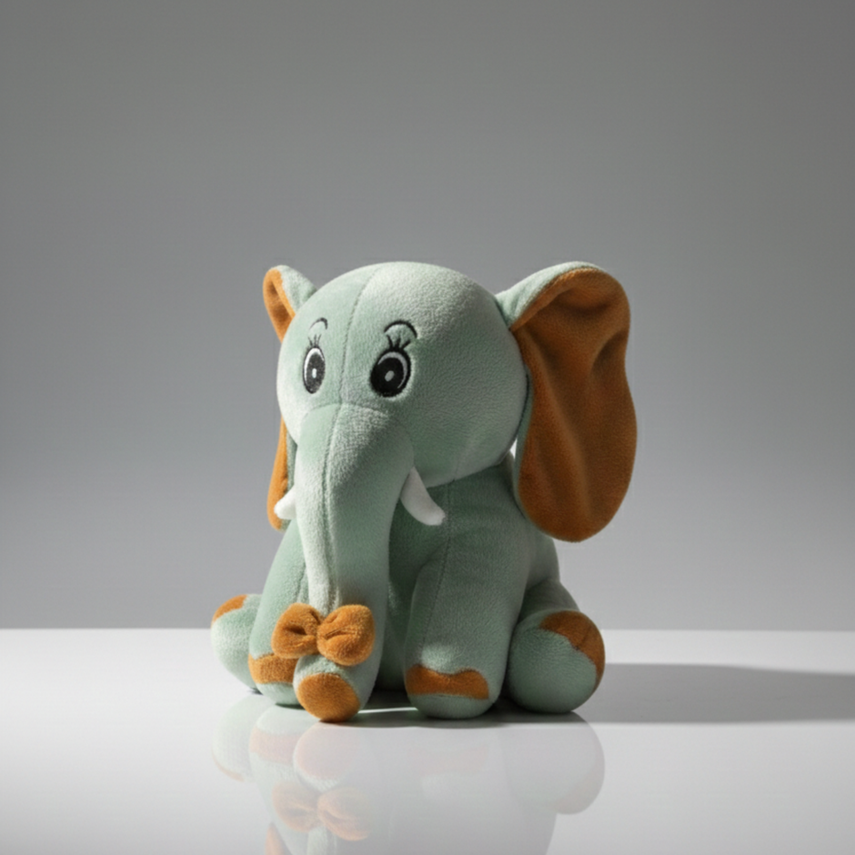 Plush elephant toy on a reflective surface with a gray background