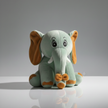 Plush elephant toy with a bow tie on a reflective surface and gray background