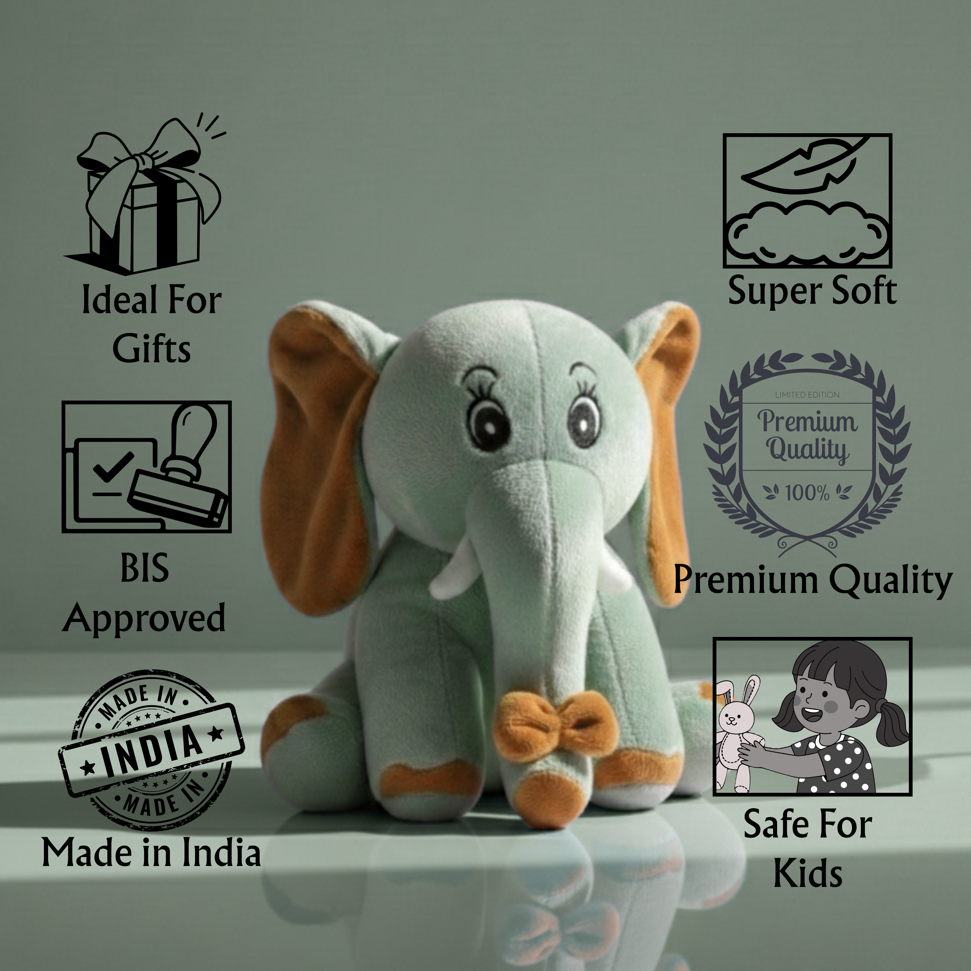 Plush elephant toy with certification logos on a gray background
