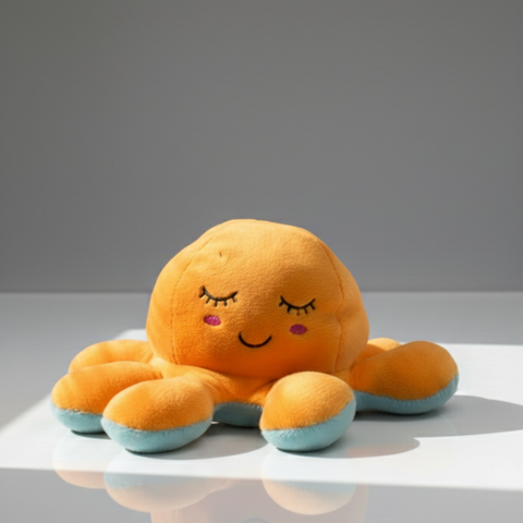 Plush octopus toy with a smiley face on a reflective surface with a gray background