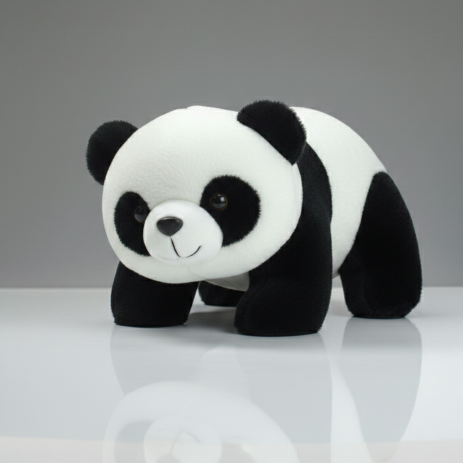Plush panda toy on a reflective surface with a gray background