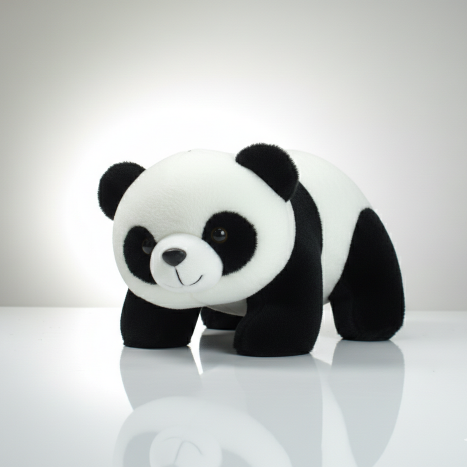 Plush panda toy on a reflective surface with a light gray background