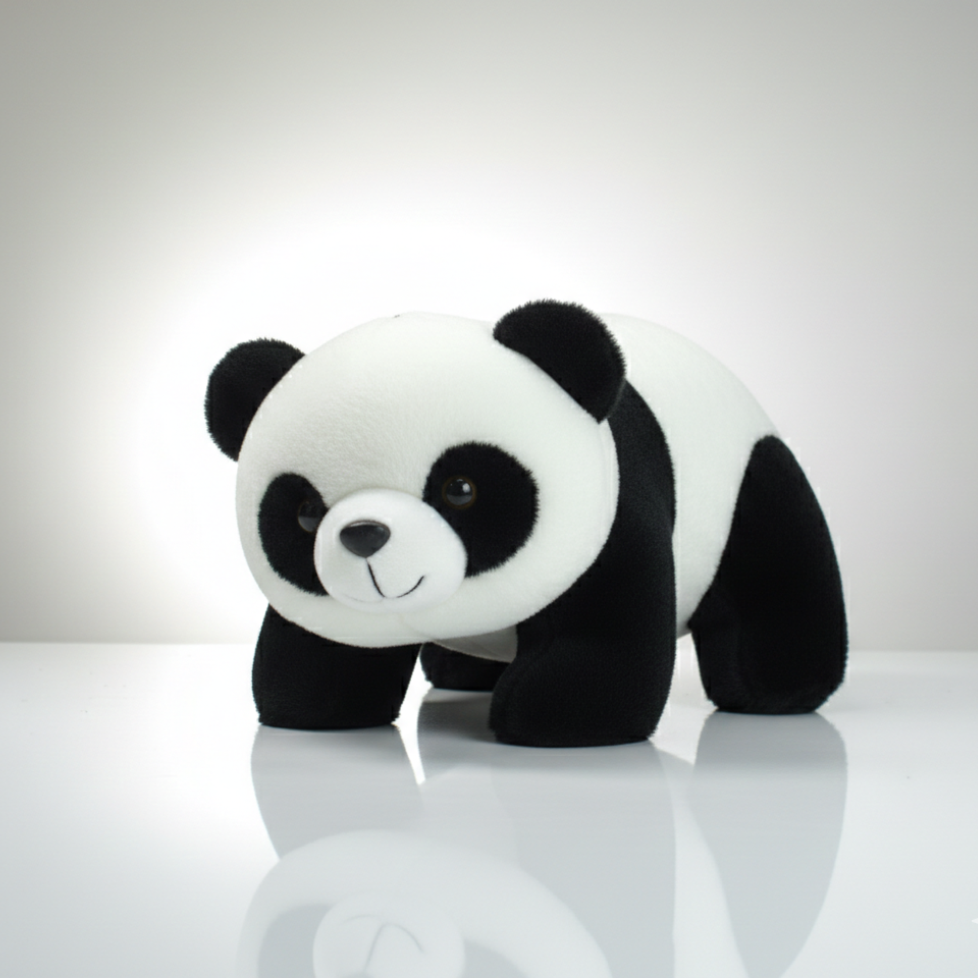 Plush panda toy on a reflective surface with a light gray background