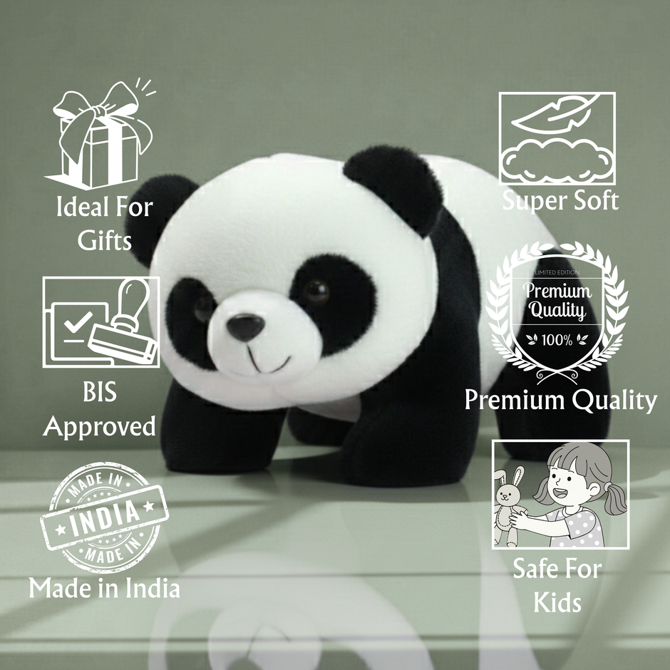 Plush panda toy with certification icons on a gray background