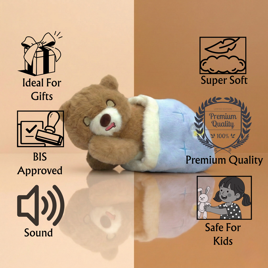 Plush teddy bear with certification icons on a two-tone background