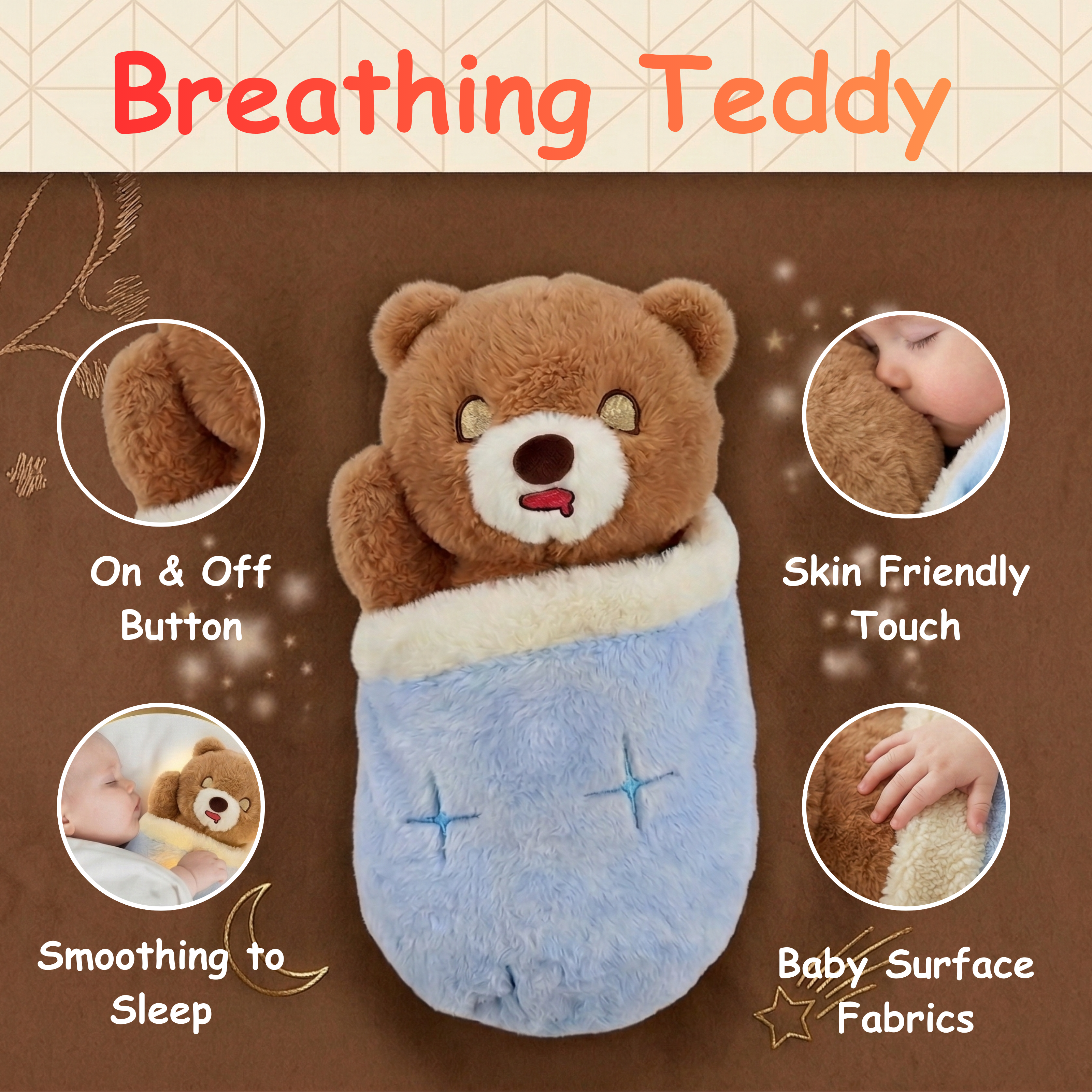 Plush toy bear wrapped in a blue blanket with features highlighted on a brown background.