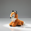 Plush toy fox sitting on a reflective surface with a gray background