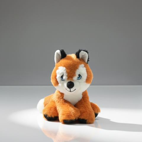 Plush toy fox sitting on a reflective surface with a white gray background