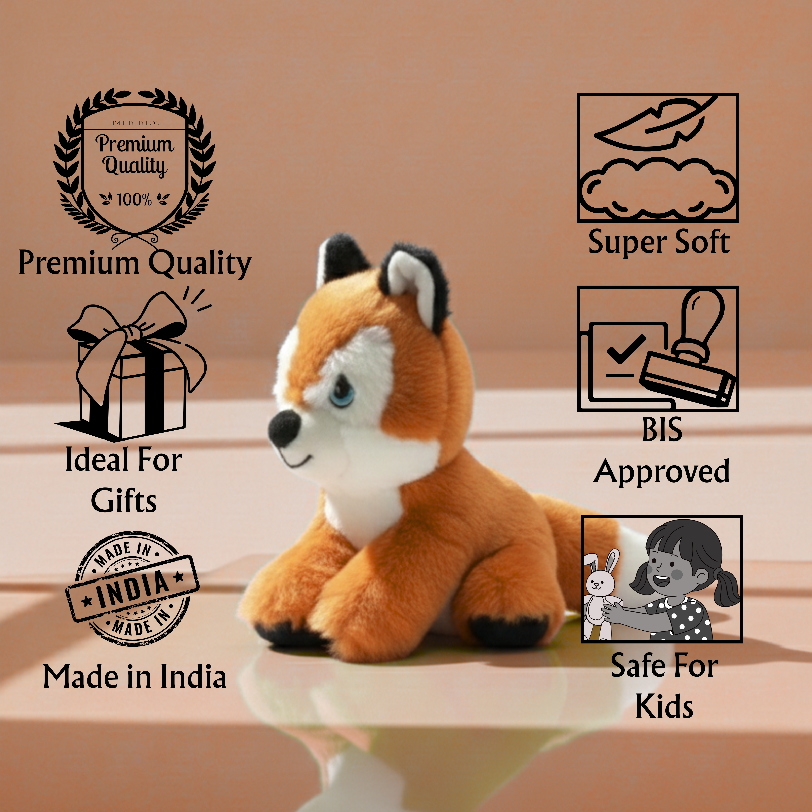 Plush toy fox with certification logos on a brown background
