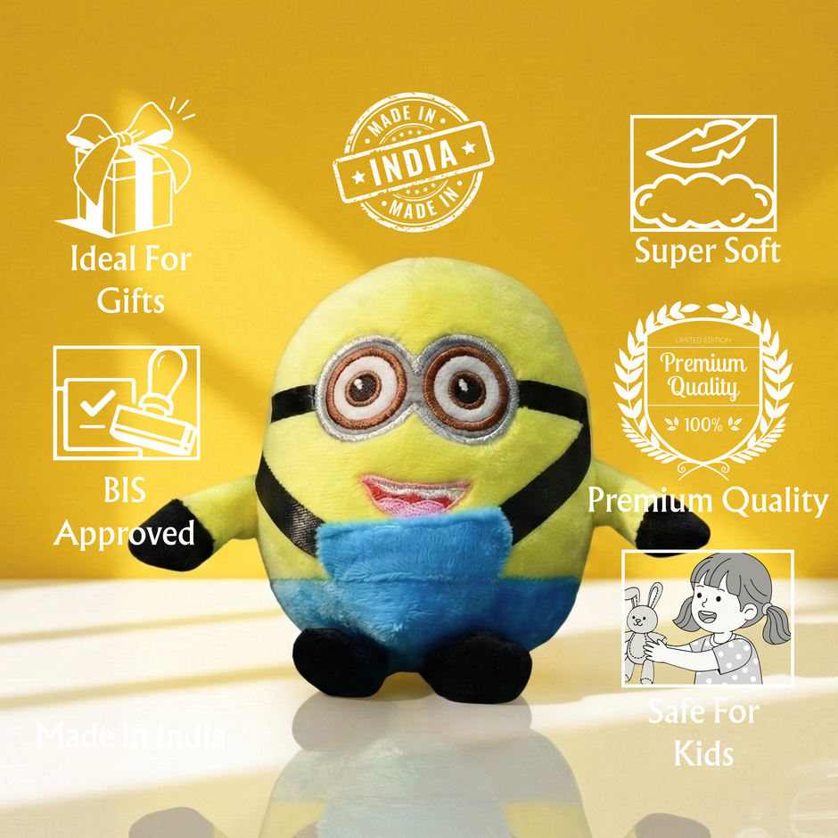 Plush toy with certification icons on a yellow background
