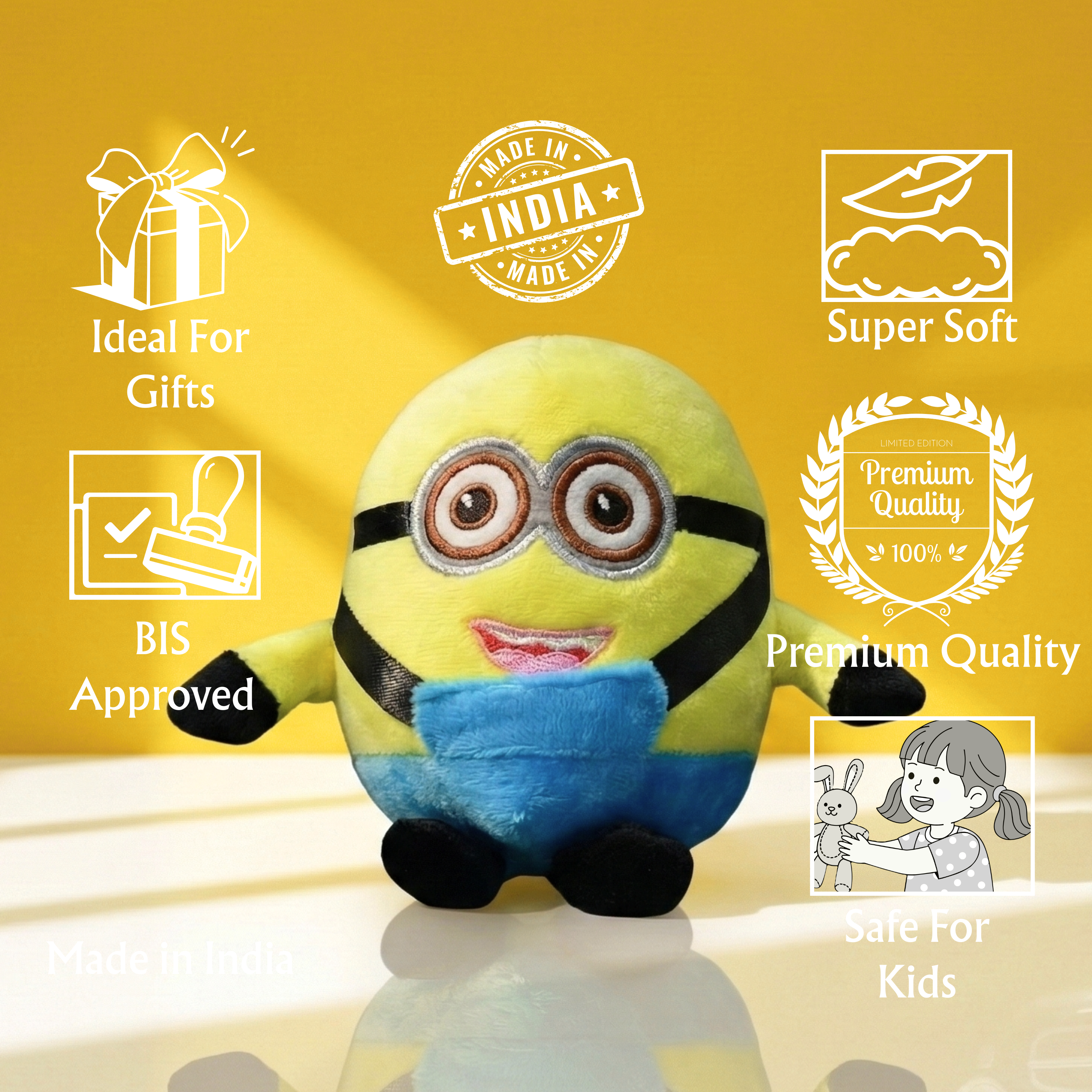 Plush toy with certification icons on a yellow background