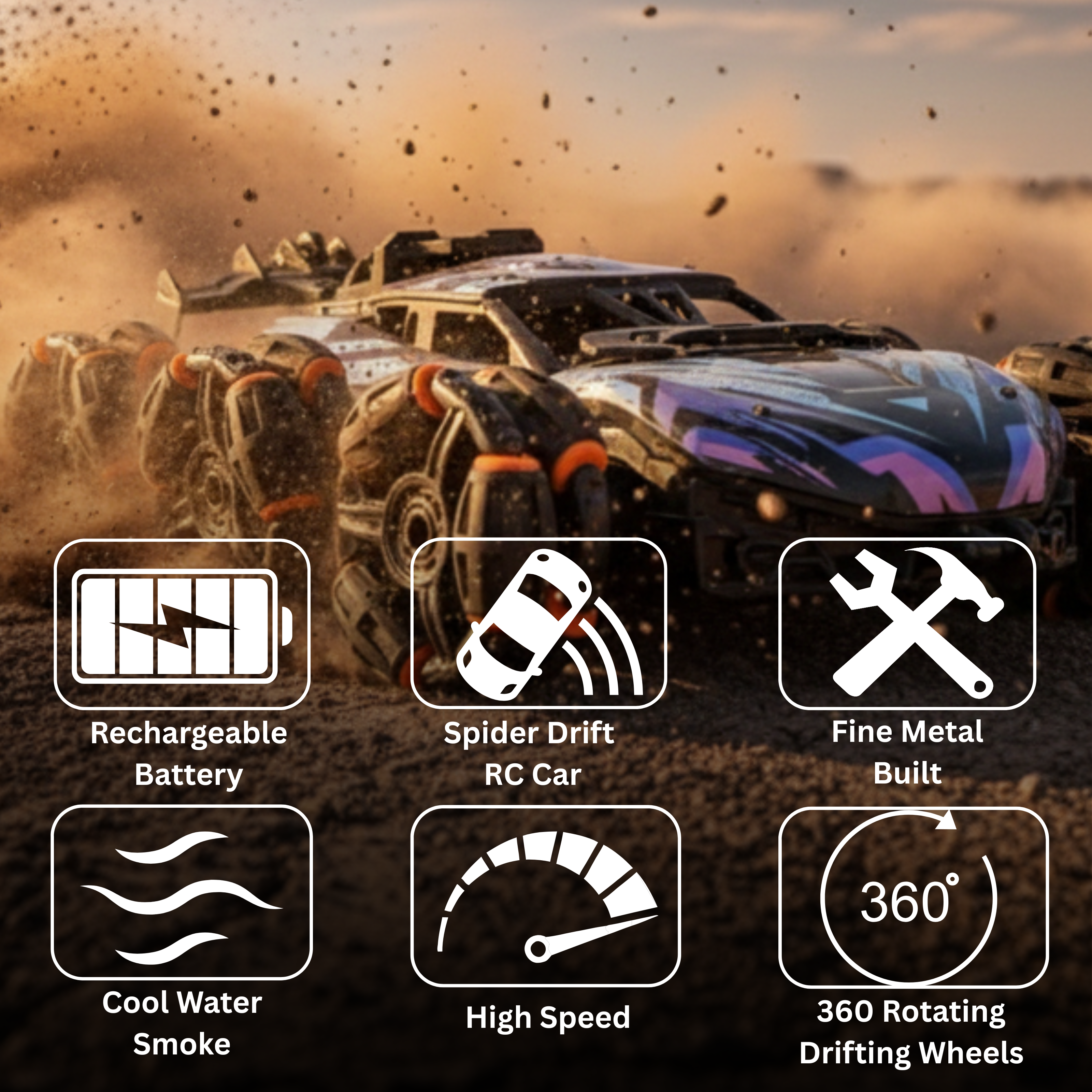 ClapTales Six-Wheel Spider RC Car – 2.4GHz Remote Control Car with 360° Rotating Drift Wheels, Cool Water Smoke Effect & Rechargeable 3.7V Battery | RC Stunt Car for Kids