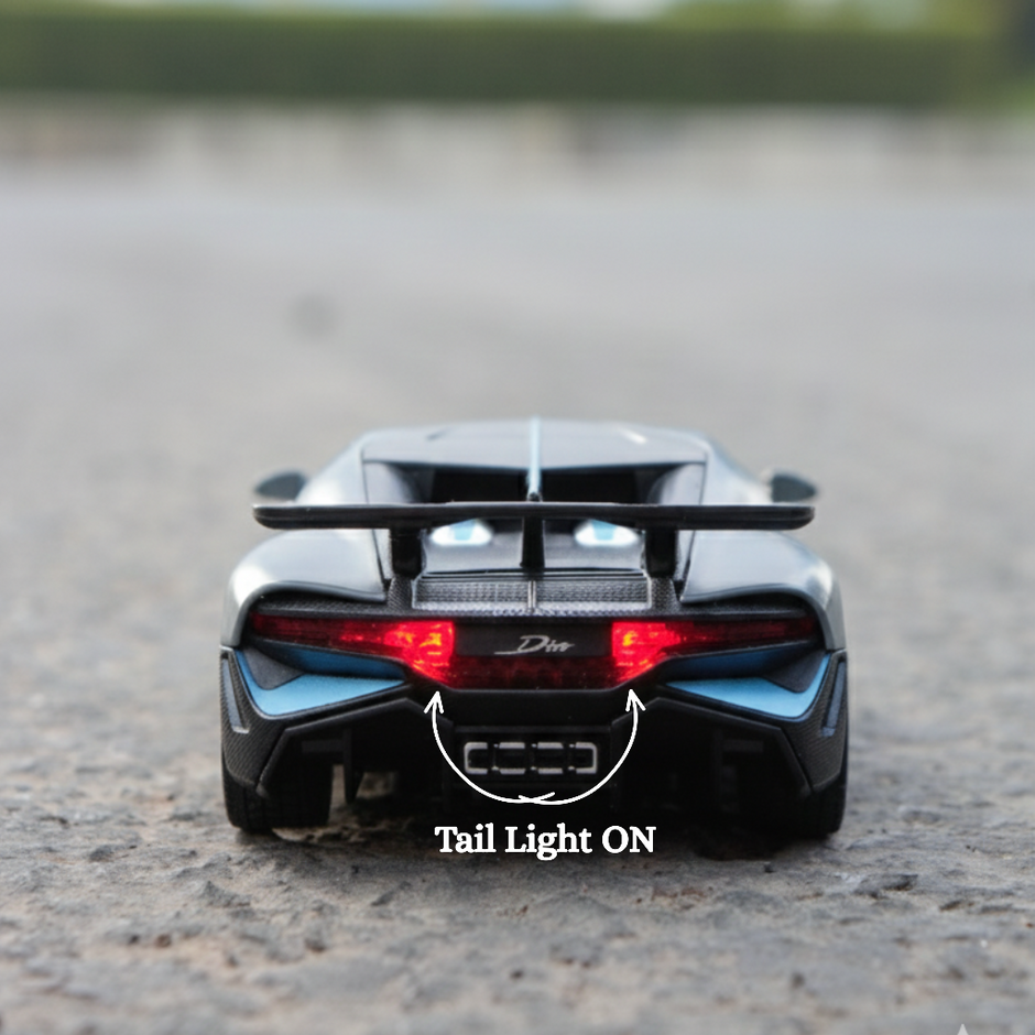 Rear view of grey die cast sports car with labels showing openable doors and working tail lights