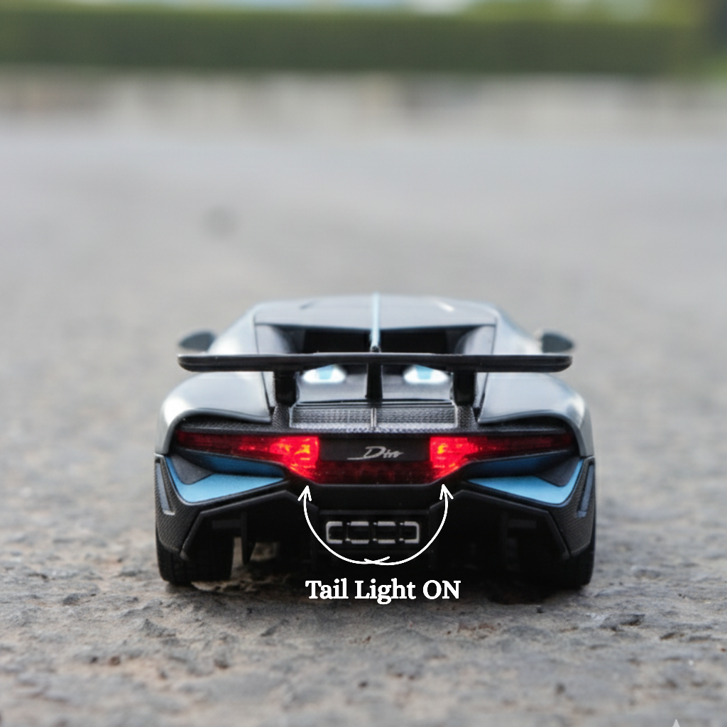 Rear view of grey die cast sports car with labels showing openable doors and working tail lights