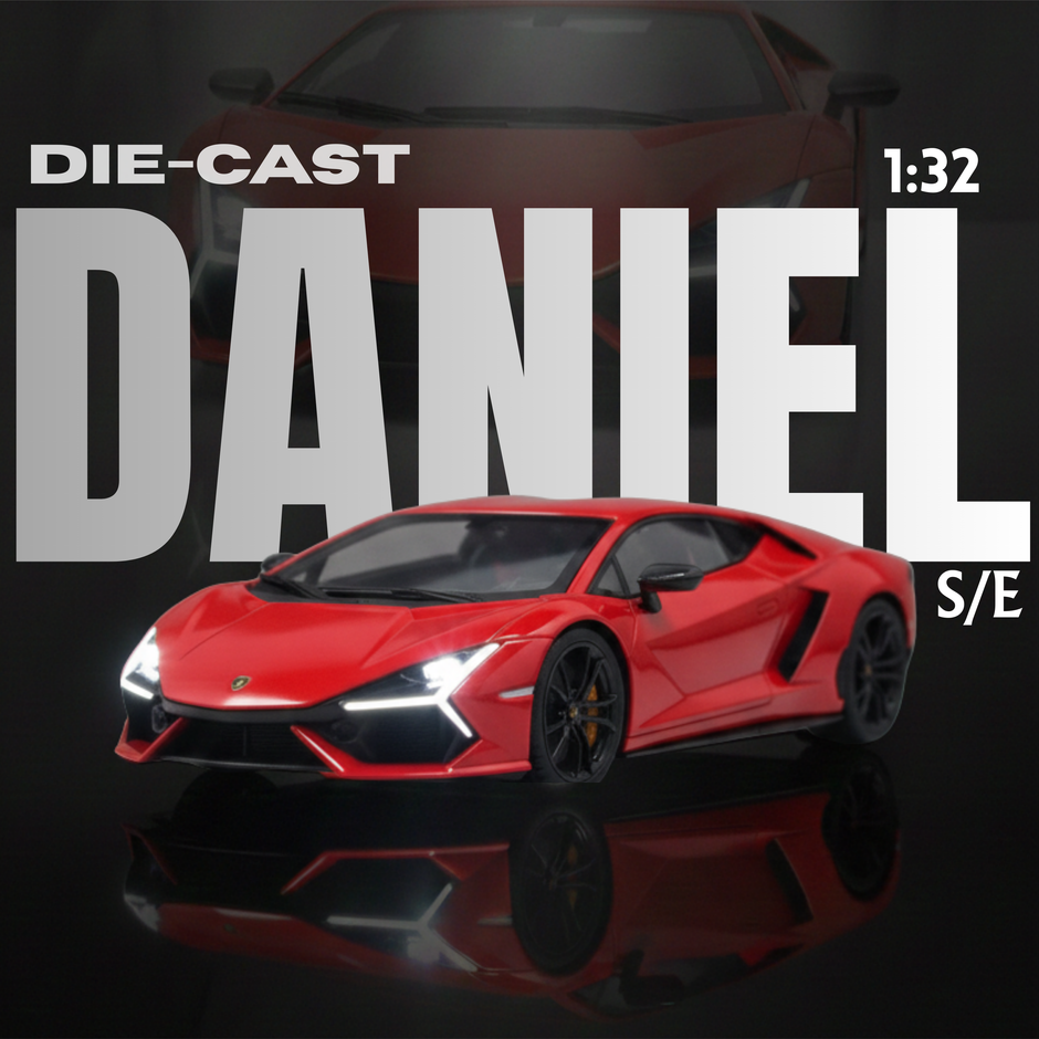 Red die-cast car model with 'DIE-CAST DANIEL' branding on a dark background