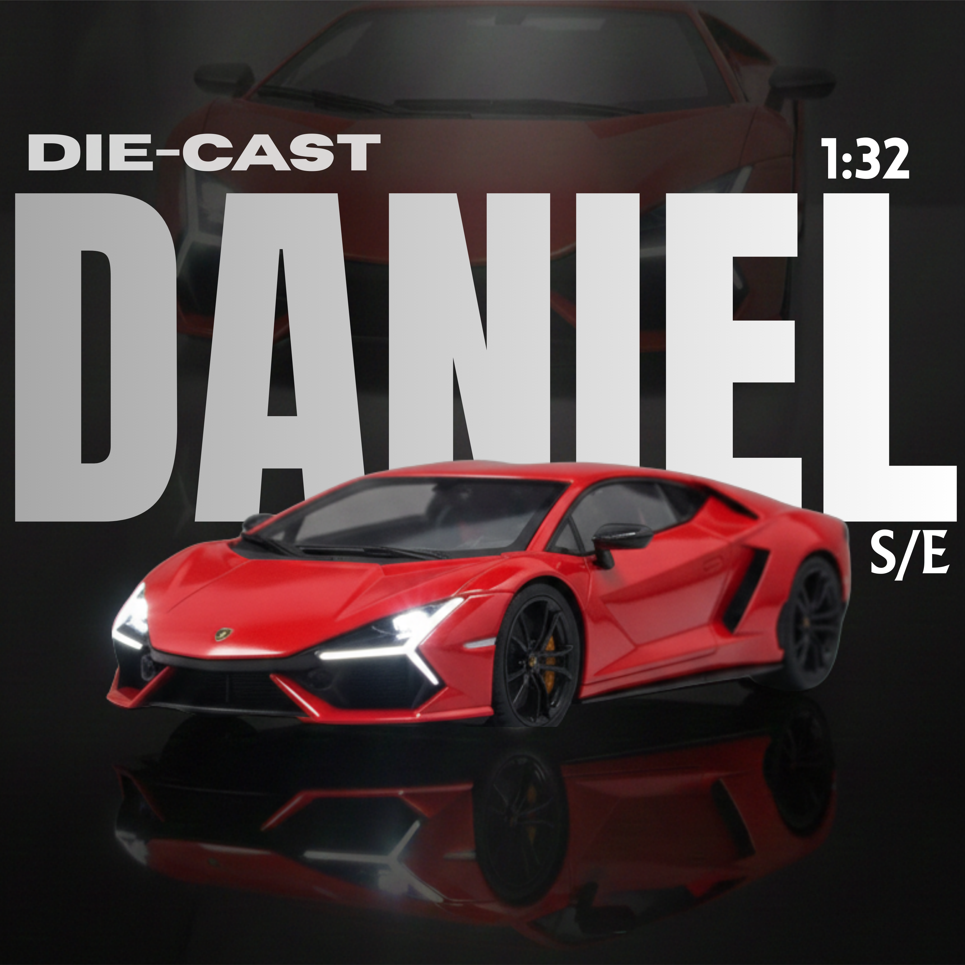 Red die-cast car model with 'DIE-CAST DANIEL' branding on a dark background