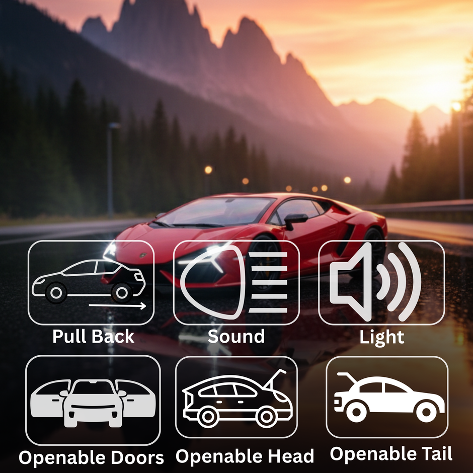 Red sports car on a scenic road with icons and text describing car features.
