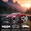 Red sports car on a scenic road with icons and text describing car features.
