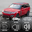Red toy Range Rover with feature icons on a gray background