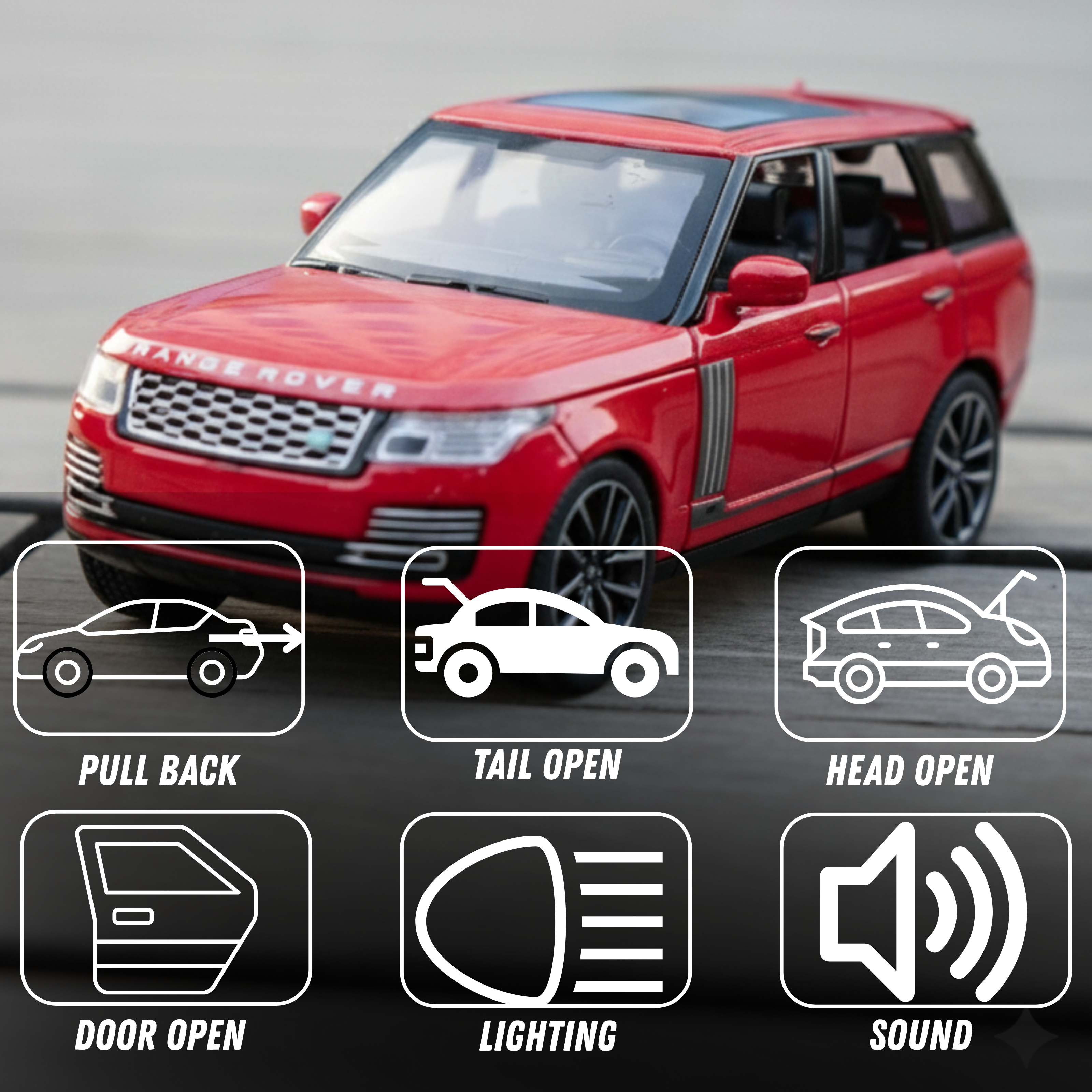 Red toy Range Rover with feature icons on a gray background