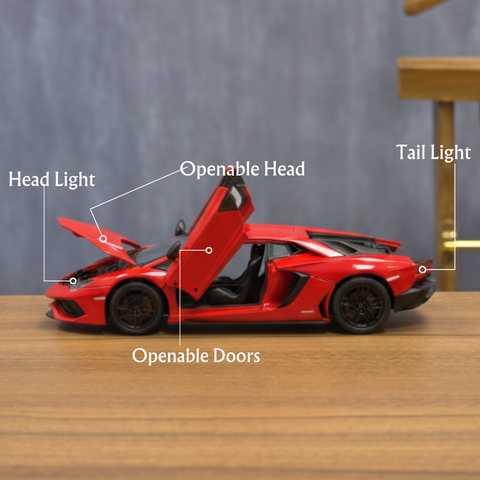 Red toy car with labeled feature on a wooden surface