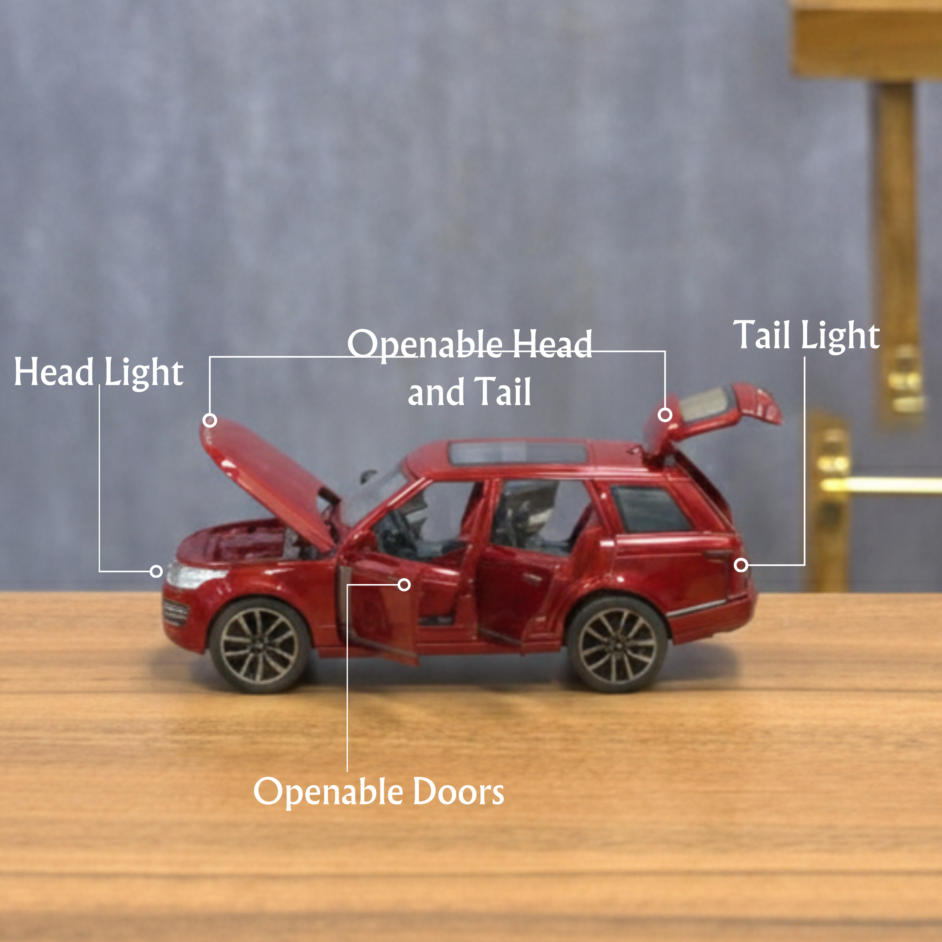 Red toy car with labeled features on a wooden surface
