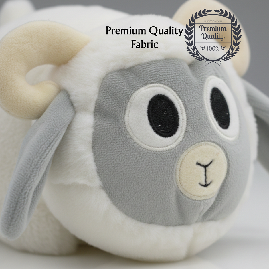 Side view of Claptales sheep plush toy with soft and cuddly body