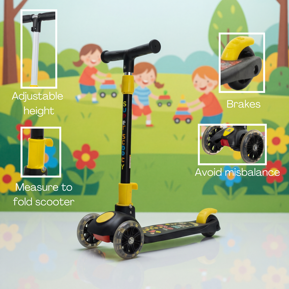 Side view of black kids kick scooter showing adjustable handle and durable frame