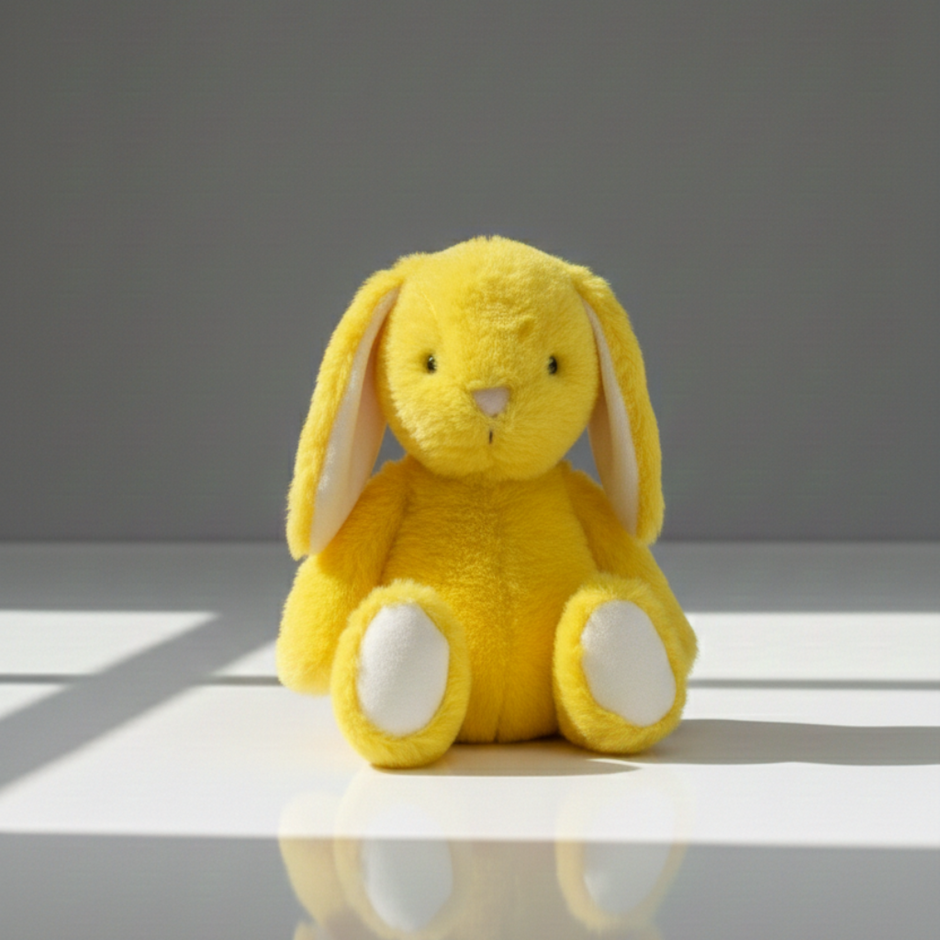 Side view of yellow bunny soft toy showing long ears and soft plush fabric
