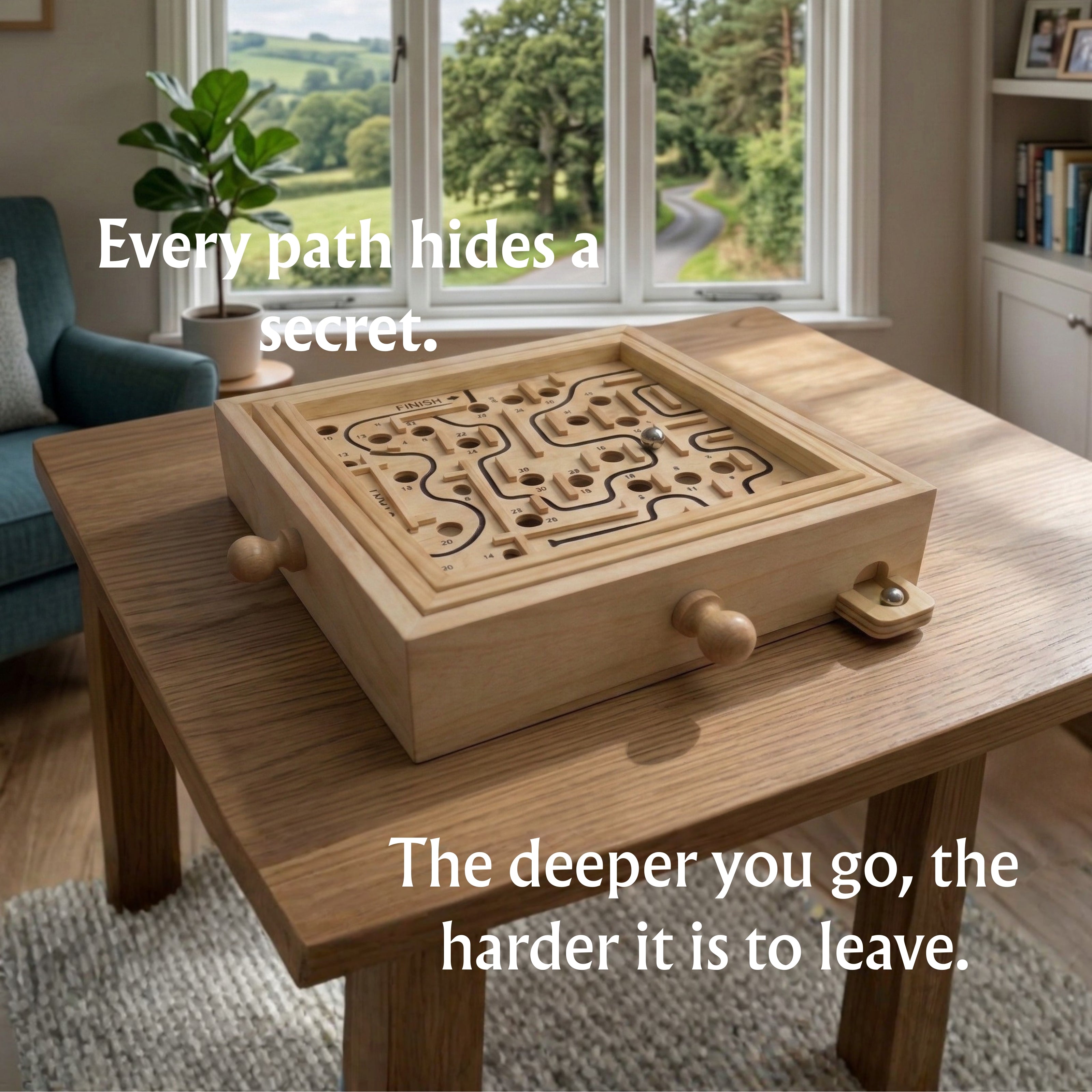 Top view of wooden labyrinth maze board 33 cm showing detailed maze design