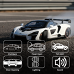 Toy car on a racetrack with feature icons below