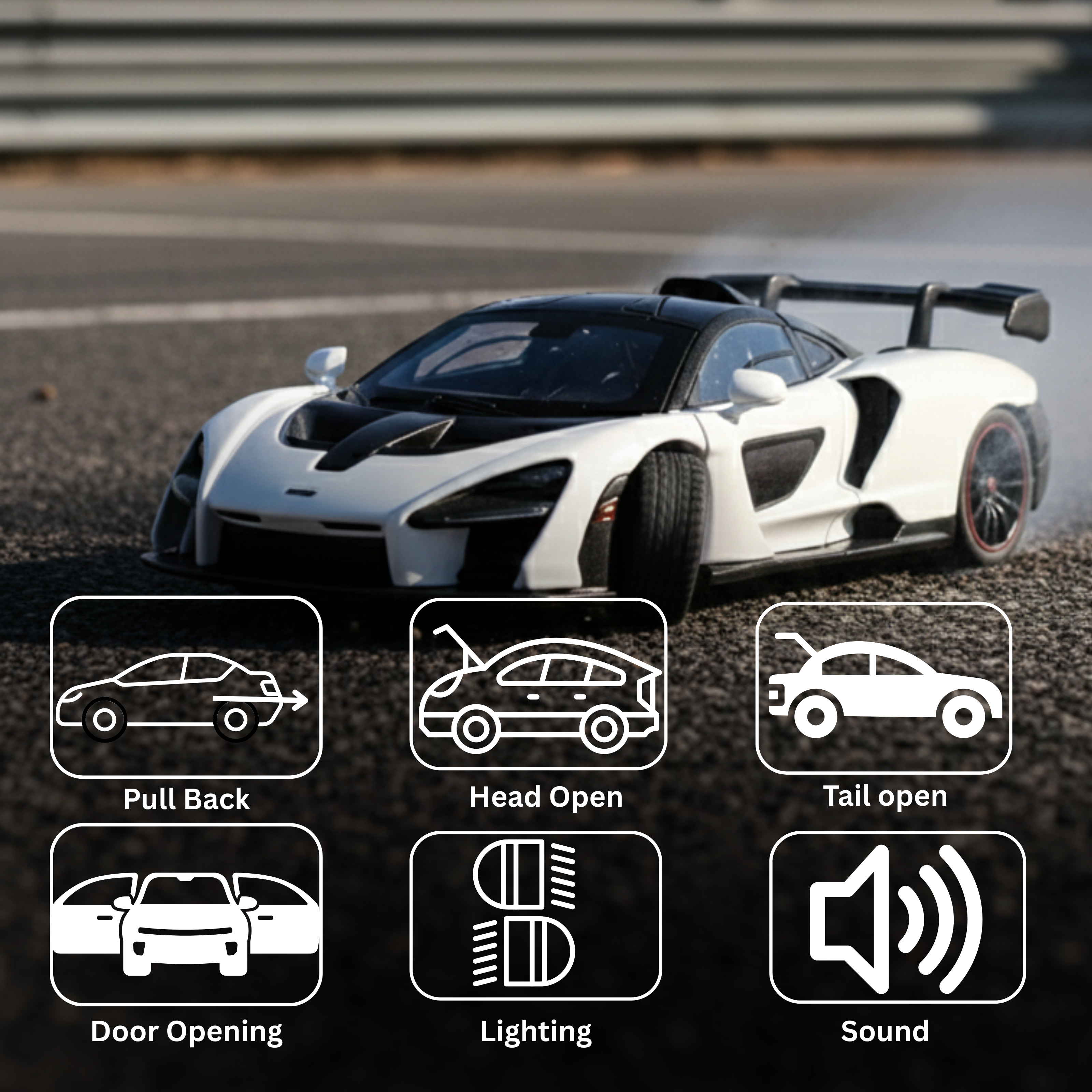 Toy car on a racetrack with feature icons below