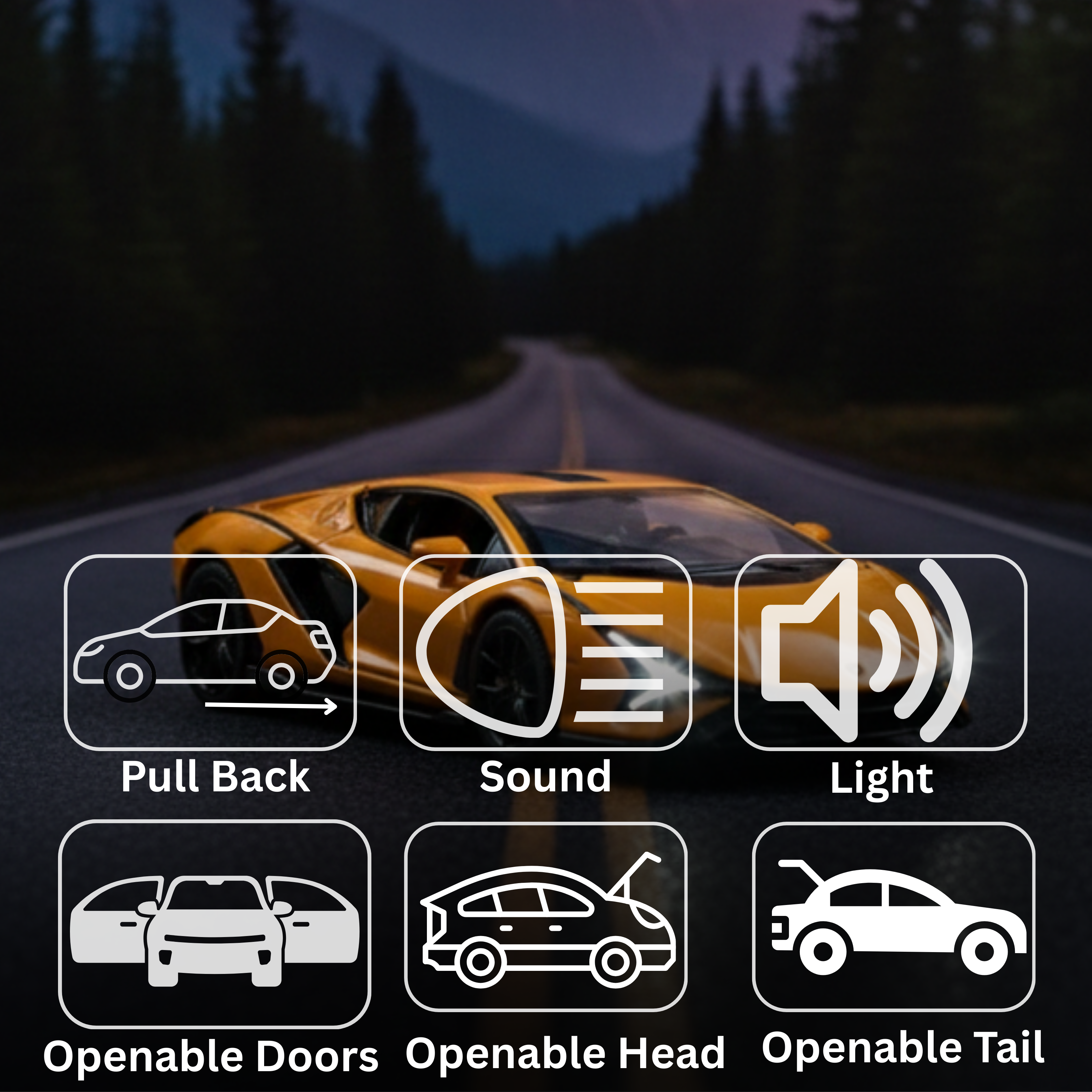 Toy car on a road with feature icons at night