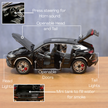 Toy car with open doors and roof on a wooden surface, labeled features.