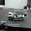 White die cast SUV model showing openable doors headlights and taillights with labeled diagram

