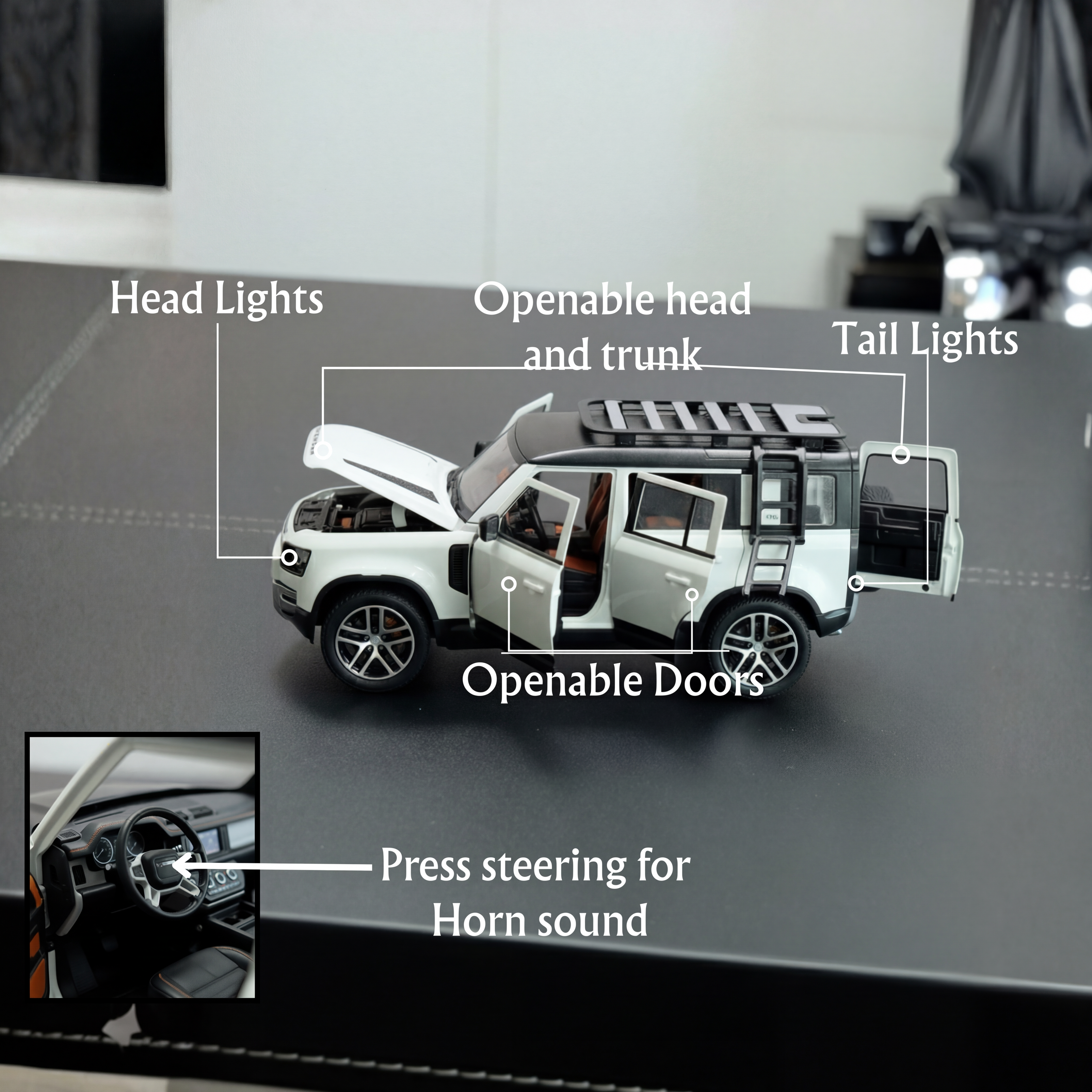 White die cast SUV model showing openable doors headlights and taillights with labeled diagram

