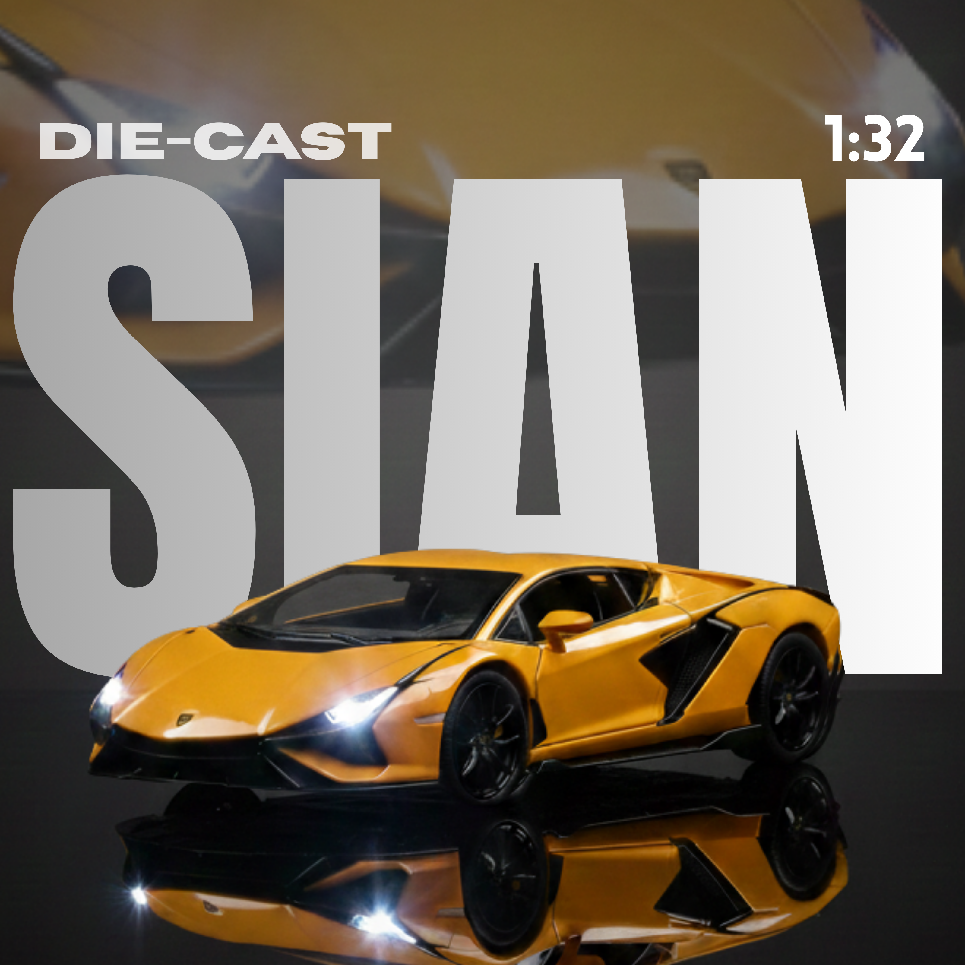 Yellow die-cast Lamborghini Sian model car on a reflective surface with 'Die-Cast' and '1:32' text.