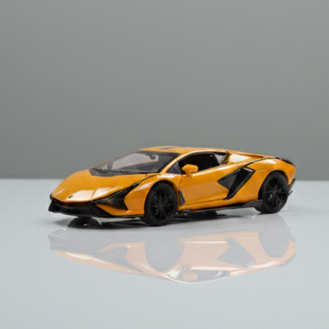 Yellow sports car model on a reflective surface with a gray background