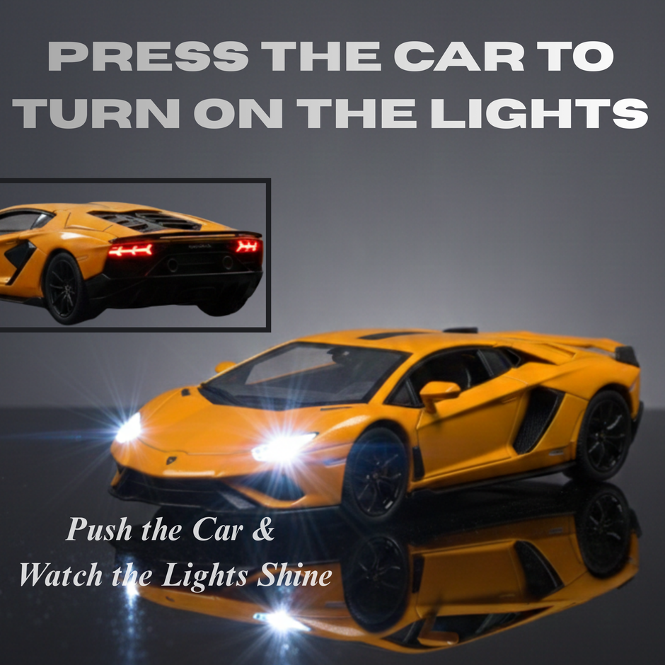 Yellow toy car with illuminated headlights on a reflective surface, accompanied by text instructions.