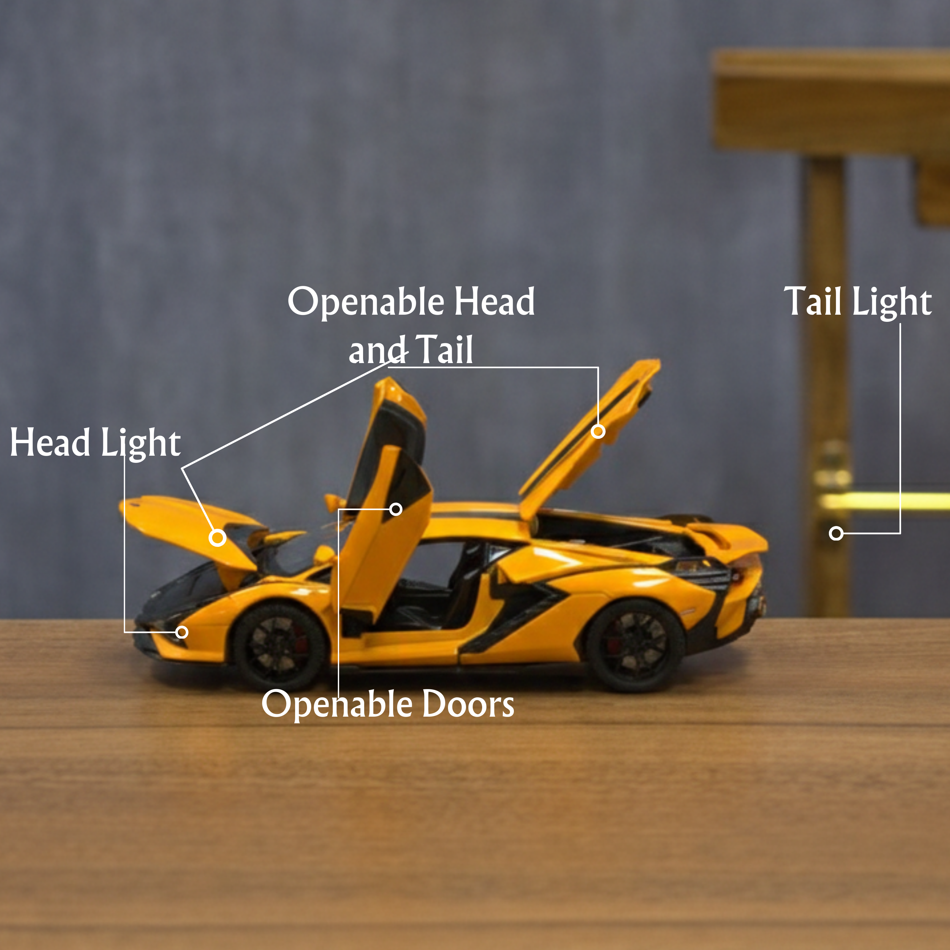 Yellow toy car with openable doors, headlight, tail light, and headlight labeled on a wooden surface.