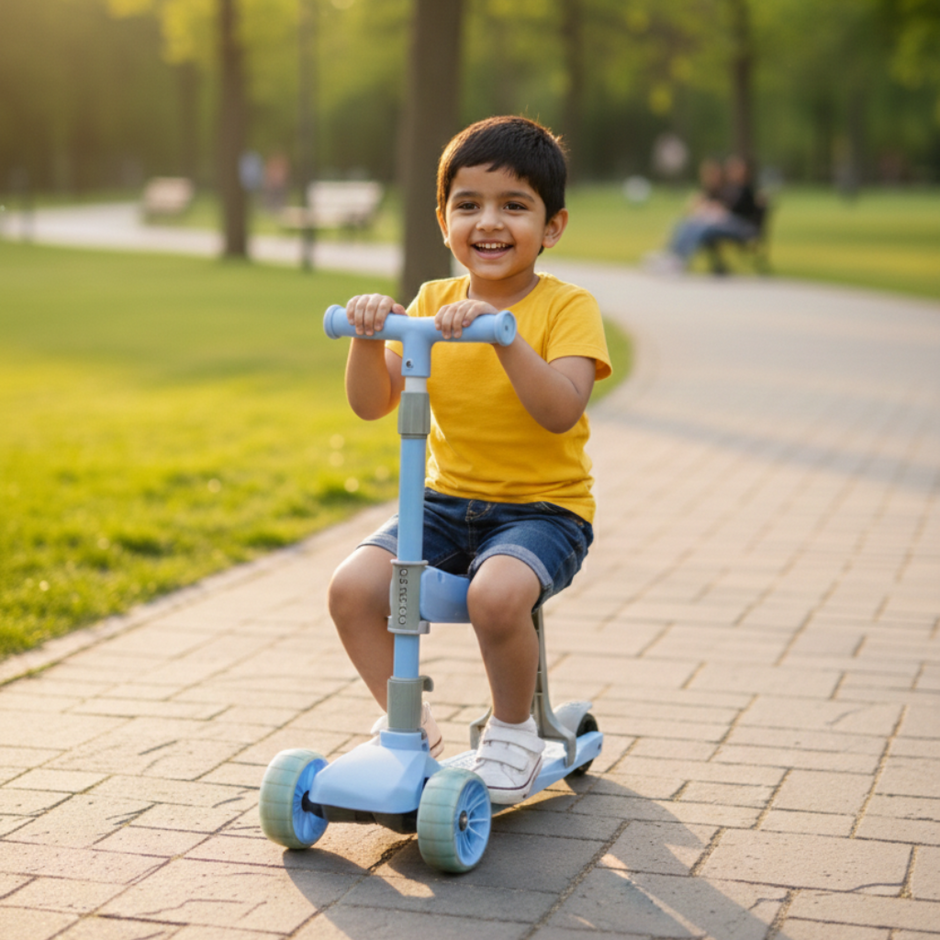 Adjustable seat and handlebar height kids scooter grows with child