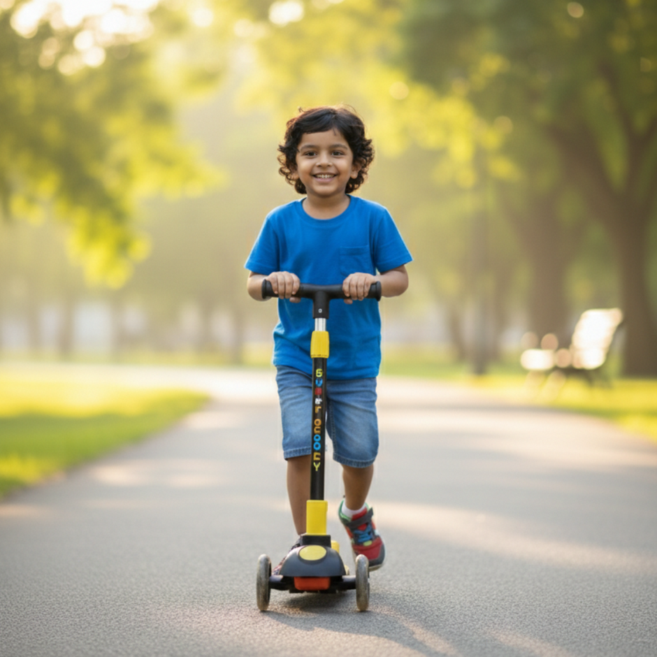 Wide front wheels of Claptales three wheel scooter providing balance and stability for beginners
