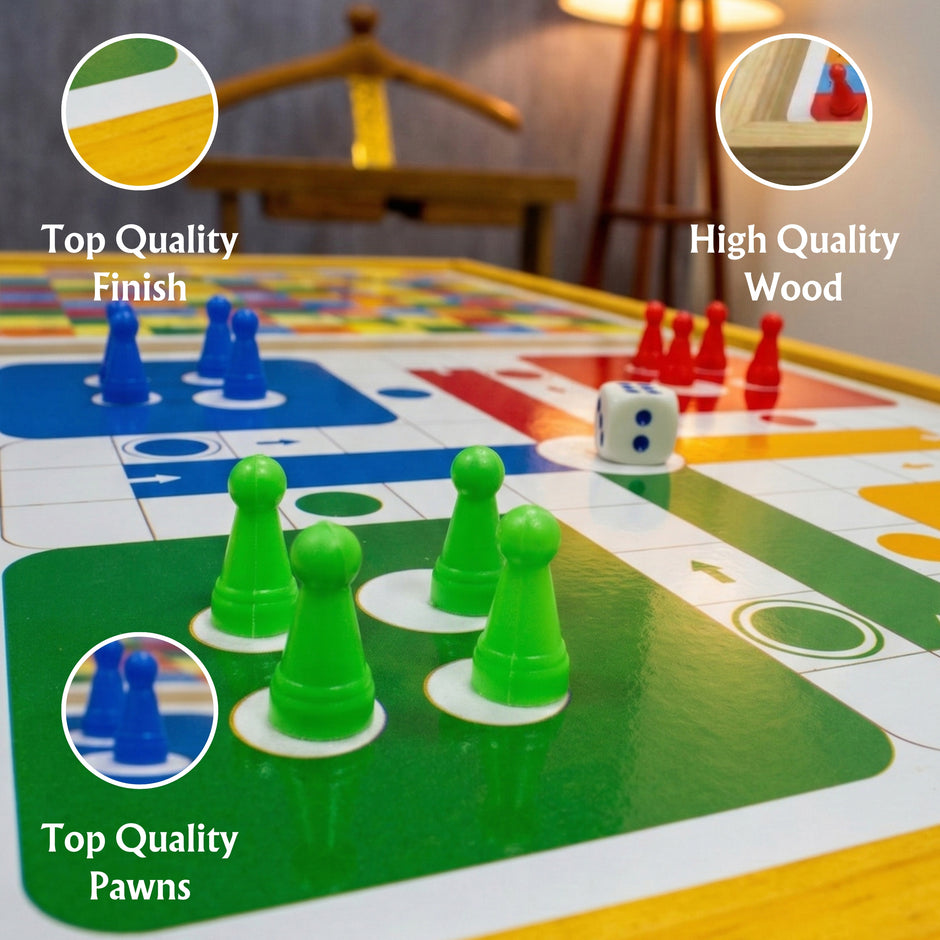 Close-up of Claptales wooden ludo and snakes ladders board game showing colorful pawns, dice and smooth board finish