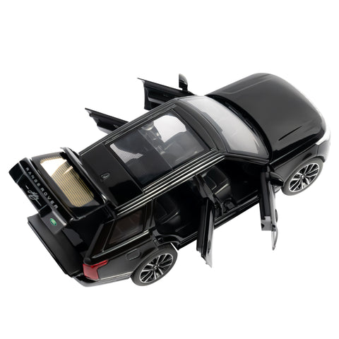 Top view of black diecast Land Rover SUV toy