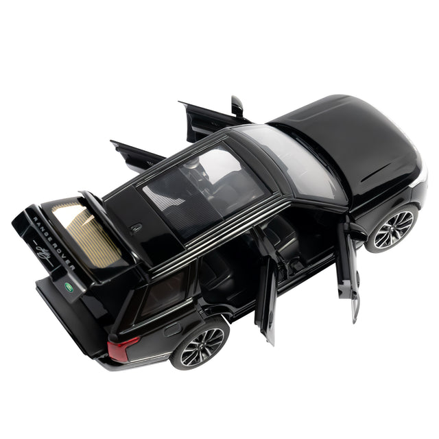 Top view of black diecast Land Rover SUV toy