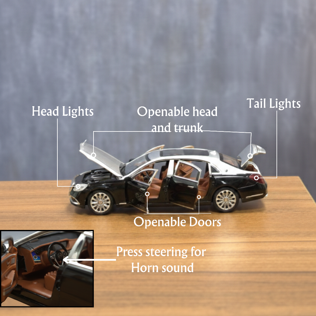Black S600 style die-cast metal sedan side profile with realistic detailing