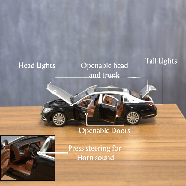 Black S600 style die-cast metal sedan side profile with realistic detailing
