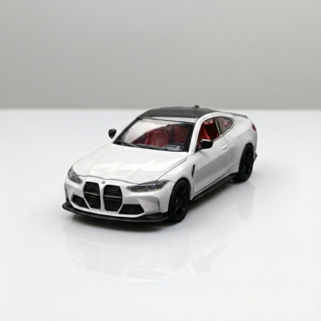 white sports coupe die cast model car 1:24 scale front view metal toy