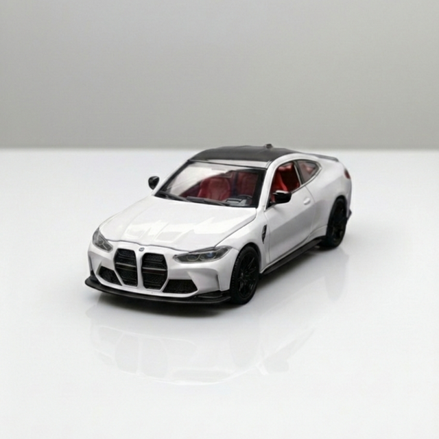 white sports coupe die cast model car 1:24 scale front view metal toy